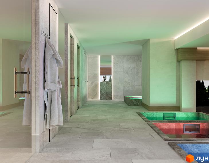 Апарт-готель VERTEXVILLE: інтер'єр спа-зони з басейнами та халатами. Сучасний дизайн та релаксуюча атмосфера для вашого комфорту.