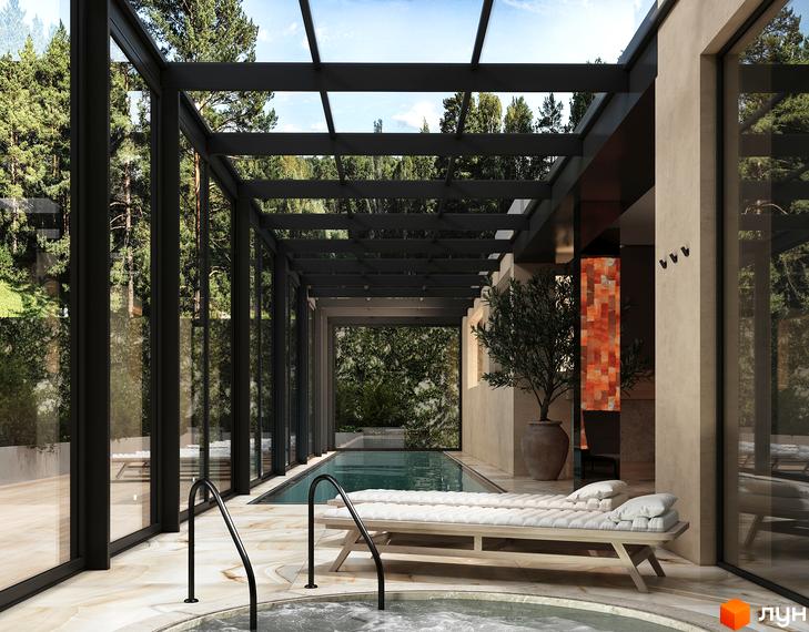 Апарт-готель VERTEXVILLE з басейном та зоною відпочинку під скляним навісом, оточений лісом. Сучасний дизайн комплексу створює атмосферу релаксу та спокою.