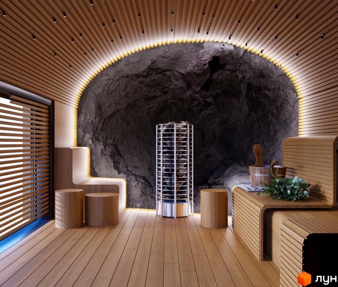Інтер'єр сауни з дерев'яними лавками, кам'яною стіною та сучасною піччю. Апарт-готель VERTEXVILLE.