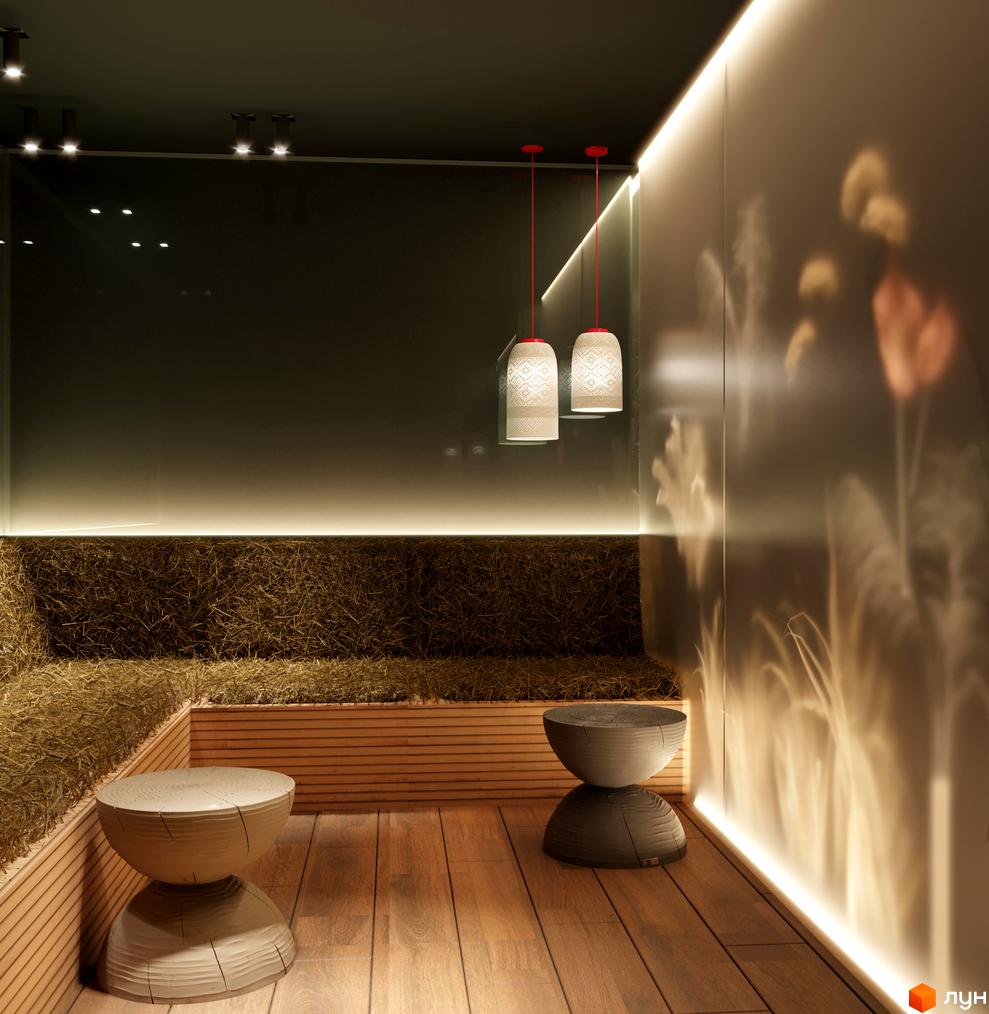 Апарт-готель VERTEXVILLE: затишна зона відпочинку з дерев'яними меблями та оригінальними світильниками.