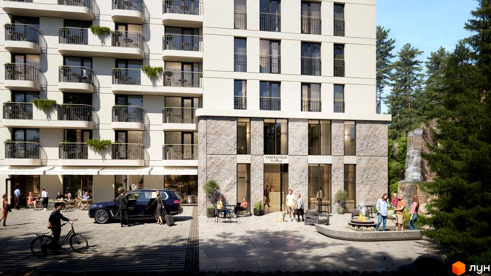 Апарт-готель VERTEXVILLE з кам'яним оздобленням фасаду та затишною прибудинковою територією з водоспадом та місцями для відпочинку.