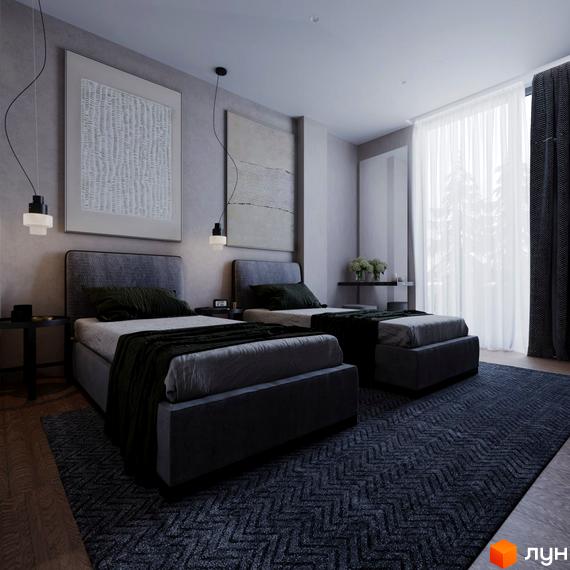 Апарт-готель VERTEXVILLE: двоспальне ліжко з темно-зеленим покривалом та приліжковою тумбою, прикрашене картинами на стіні.