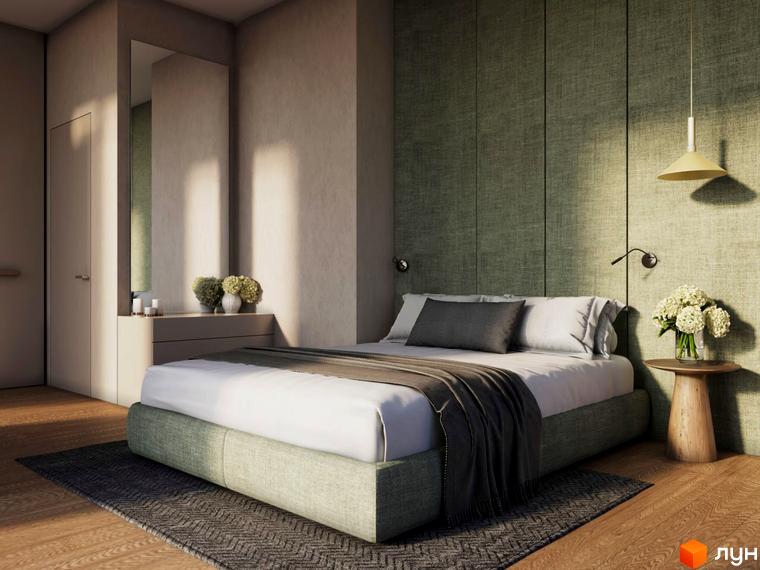 Апарт-готель VERTEXVILLE: затишна спальня з двоспальним ліжком, приліжковими тумбами та дзеркалом. Зелена стіна за узголів'ям створює спокійну атмосферу.