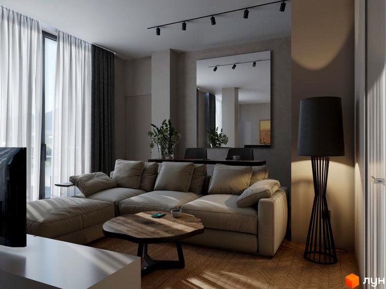 Апарт-готель VERTEXVILLE: елегантний інтер'єр вітальні з диваном та кавовим столиком. Сучасний дизайн житлового комплексу.