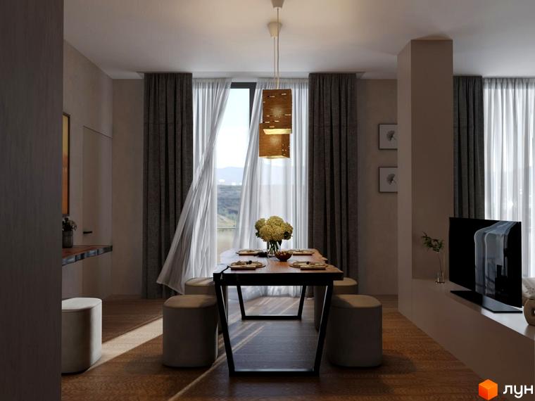 Інтер'єр їдальні в апарт-готелі VERTEXVILLE з обіднім столом та стільцями біля великого вікна з сірими шторами.