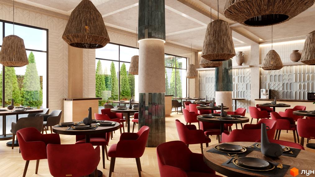 Інтер'єр ресторану апарт-готелю VERTEXVILLE з червоними кріслами та великими вікнами, що виходять на зелену зону. Сучасний дизайн та затишна атмосфера для відпочинку.