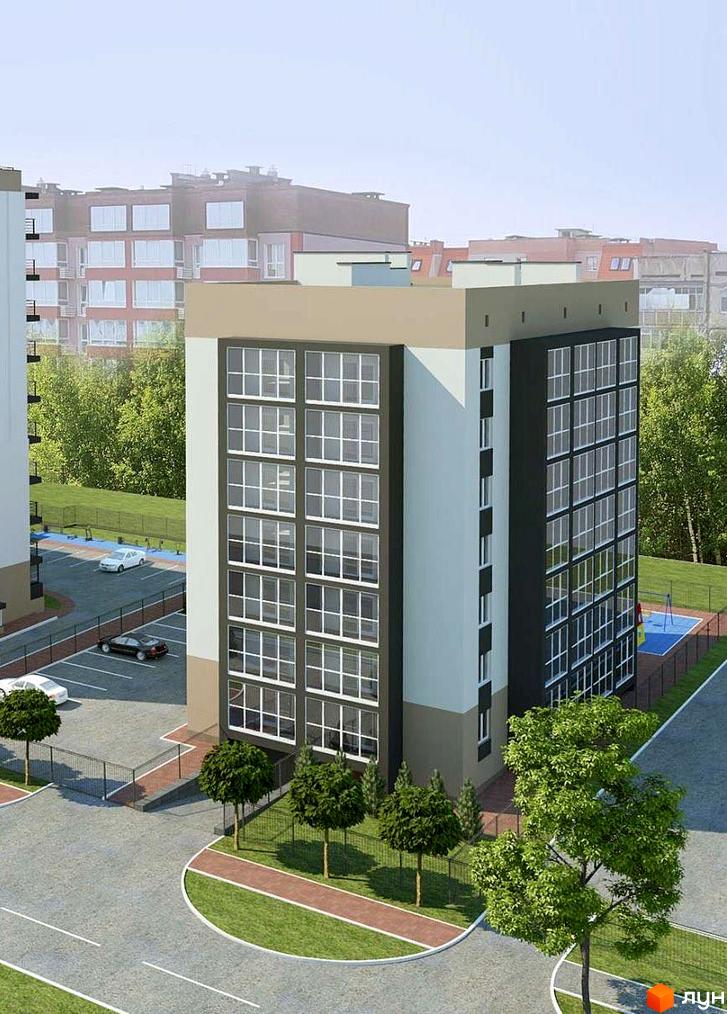 Багатоповерховий будинок з великими вікнами та світлим фасадом. Поруч розташовані парковка, зелені насадження та дитячий майданчик.