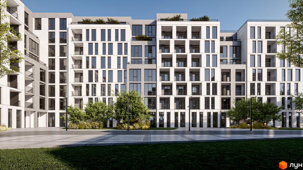 Фасад житлового комплексу Art deluxe з численними балконами та великими вікнами. Навколо комплексу зелені насадження та доглянута прибудинкова територія.