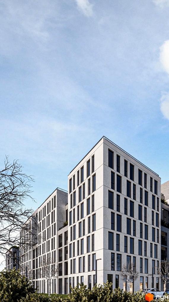 Зовнішній вигляд новобудови ЖК Art deluxe з великою кількістю вікон та сірою фасадною плиткою. Навколо будинку зелені насадження та дерева.