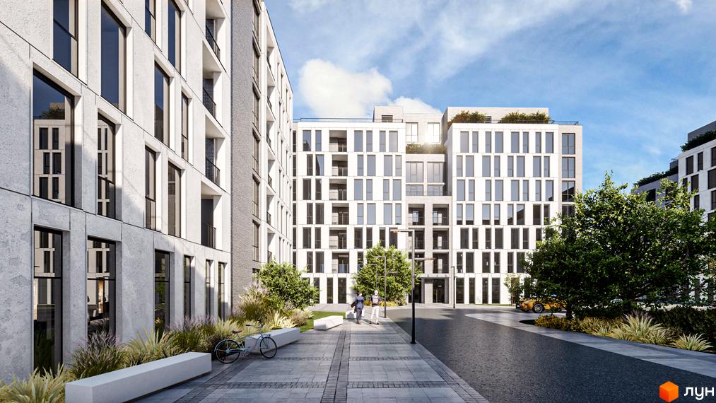 Зовнішній вигляд комплексу Art deluxe з білими фасадами та великими вікнами. Прибудинкова територія з ландшафтним дизайном та місцями для відпочинку.