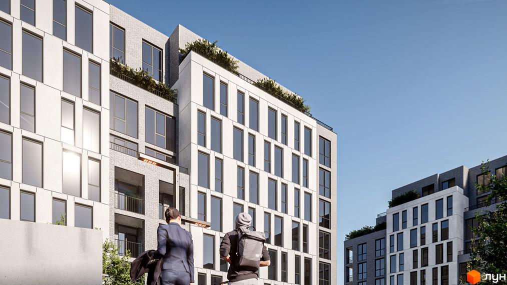 Новобудова ЖК Art deluxe з білою та сірою цегляною фасадною обробкою, великими вікнами та зеленими насадженнями на даху. Зовнішній вигляд будівель та міський пейзаж.