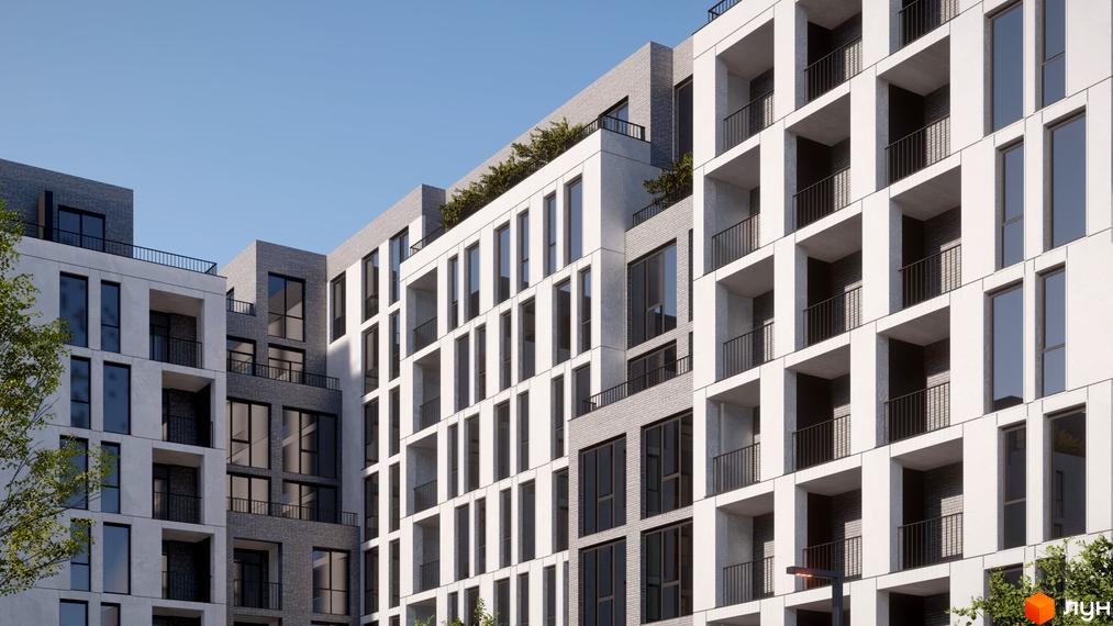 Зовнішній вигляд житлового комплексу Art deluxe з білими та сірими фасадами, балконами та великими вікнами. Навколо зелені насадження та чисте небо.