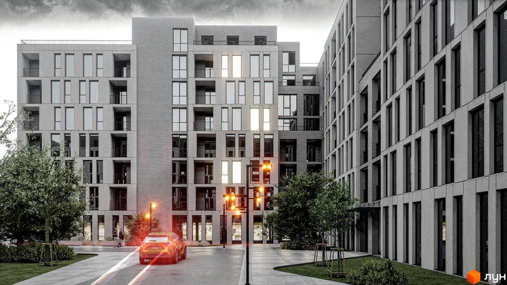 Житловий комплекс Art deluxe з сірими фасадами та балконами. На прибудинковій території є дерева, освітлення та автомобіль.
