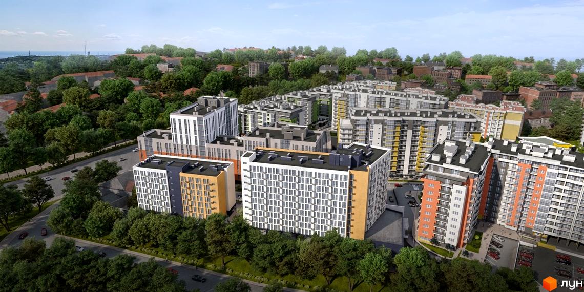 Зображення комплексу Велика Британія з висоти пташиного польоту. На фото багатоповерхові будинки та зелена прибудинкова територія.