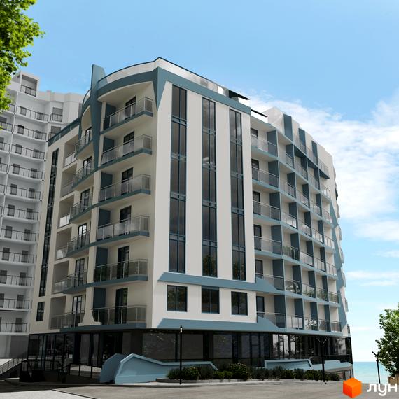 Багатоповерховий будинок Апарт-комплексу Breeze Marine з біло-блакитним фасадом та балконами. Навколо є зелені насадження та видно море.