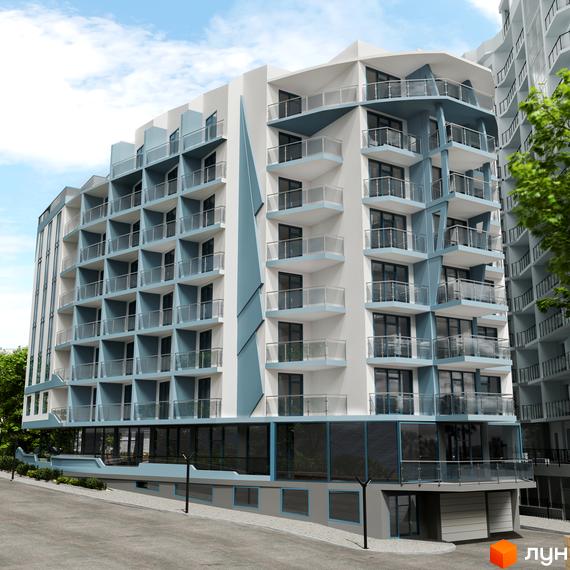 Апарт-комплекс Breeze Marine – багатоповерхова будівля з білими та блакитними фасадами, балконами зі скляними перилами. Перед будинком видно дорогу та зелені насадження.