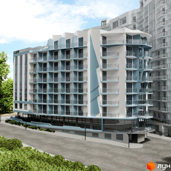 Багатоповерховий будинок Комплексу Breeze Marine з біло-блакитним фасадом та численними балконами. Перед будинком розташована дорога та зелені насадження.