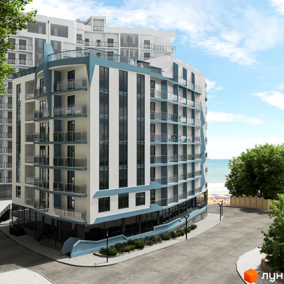 Апарт-комплекс Breeze Marine: багатоповерхова будівля з біло-блакитним фасадом, балконами та панорамними вікнами. Територія з озелененням та виходом до пляжу і моря.