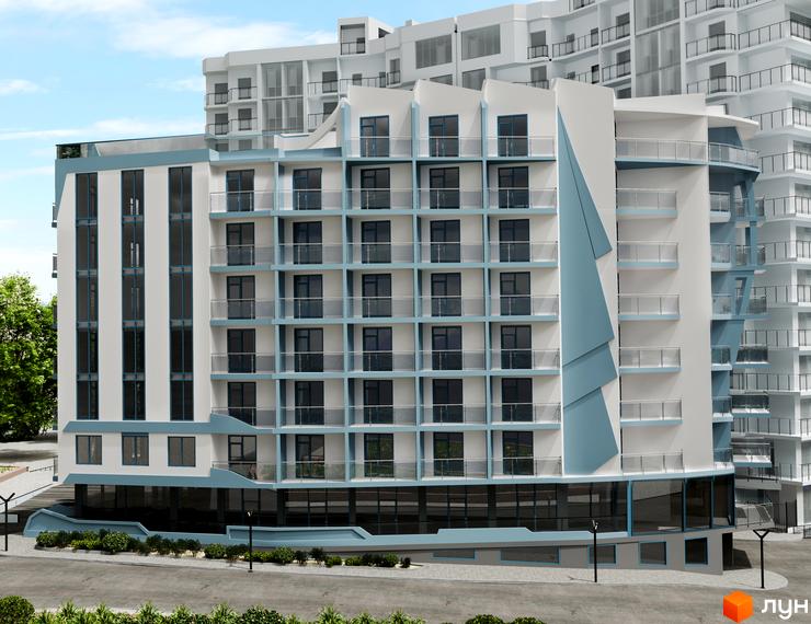 Житловий комплекс Breeze Marine: багатоповерховий будинок з білим фасадом, блакитними акцентами та скляними балконами. Перед будинком є дорога та зелені насадження.