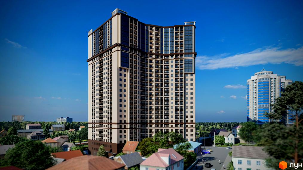 Висотна новобудова ЖК Посейдон з великою кількістю вікон та балконів. Навколо будинку розташовані приватні будинки з зеленими насадженнями.