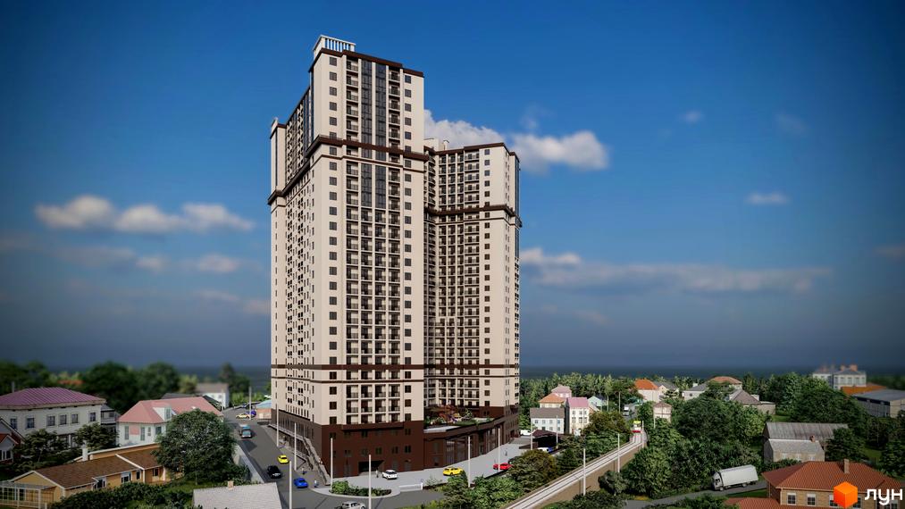 Зображення багатоповерхового будинку Житлового комплексу Посейдон. Вид на фасад новобудови та прибудинкову територію з деревами.