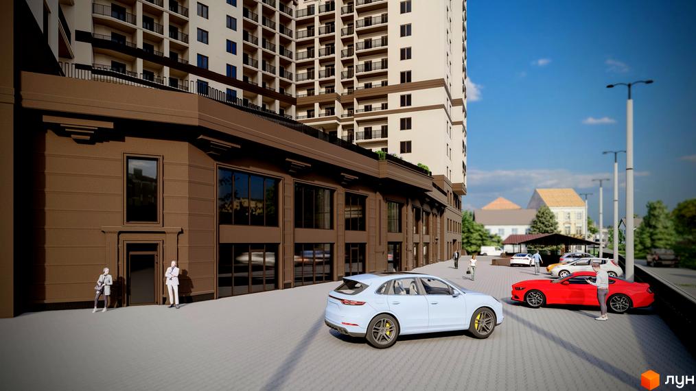 Зображення сторінки ЖК Посейдон. Висотна будівля з великими вікнами та балконами. На передньому плані прибудинкова територія з автомобілями.