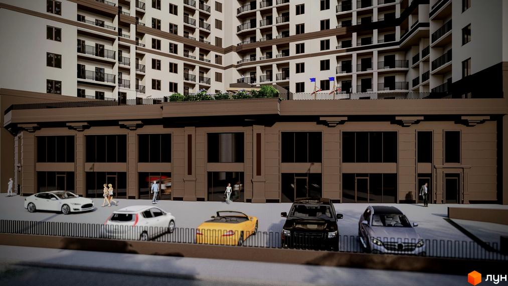 Зовнішній вигляд ЖК Посейдон. Багатоквартирний будинок з великими вікнами на першому поверсі та паркуванням перед будівлею.