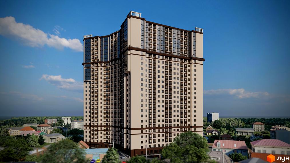 Висотна новобудова ЖК Посейдон з великою кількістю вікон та балконів. Навколо будинку зелені насадження та малоповерхова забудова.