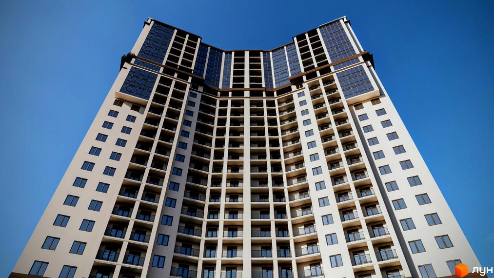 Висотна будівля ЖК Посейдон на фоні блакитного неба. Фасад будинку виконаний у світлих тонах з великою кількістю вікон та балконів.