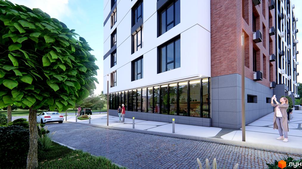 Фасад Житлового комплексу SVIY має білі та цегляні секції з великими вікнами. Прибудинкова територія включає зелені насадження, бруківку та пішохідні зони.