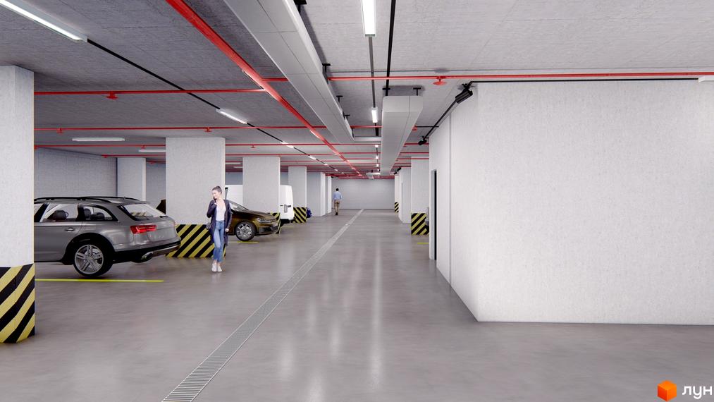 Паркінг у Житловому районі SVIY з автомобілями та людьми. Інтер'єр підземного паркінгу з колонами та освітленням.