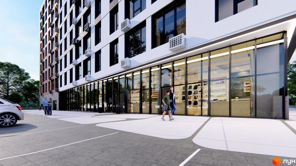 Зовнішній вигляд Житлового комплексу SVIY з великими вікнами та магазинами на першому поверсі. На передньому плані парковка та тротуар.