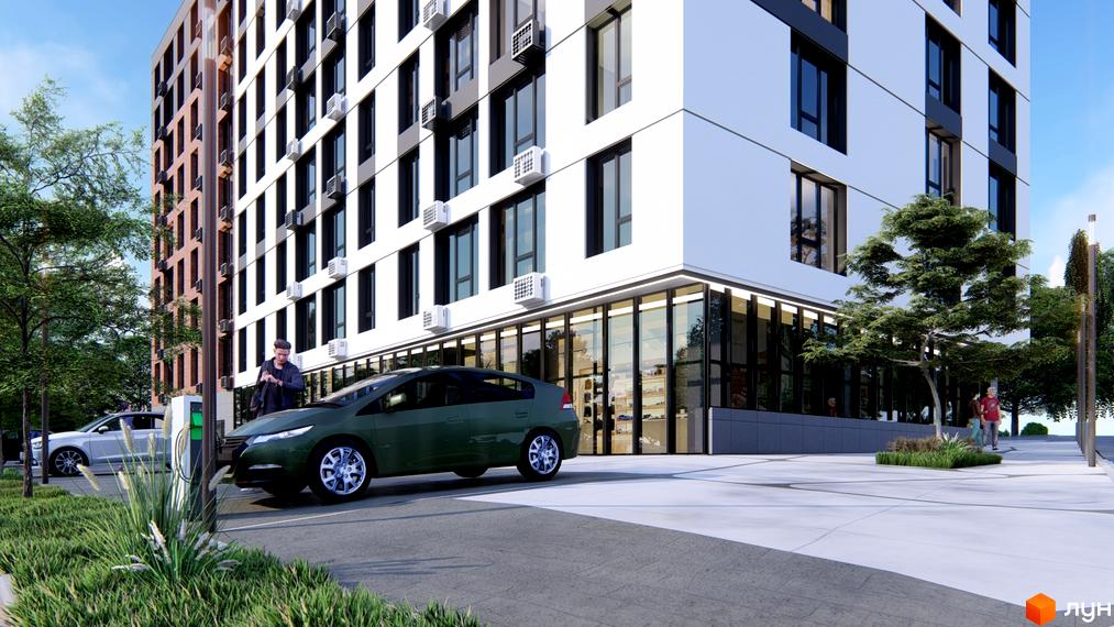 Житловий комплекс SVIY з білим та коричневим фасадом, великими вікнами. Прибудинкова територія має зелені насадження та електрозарядну станцію.