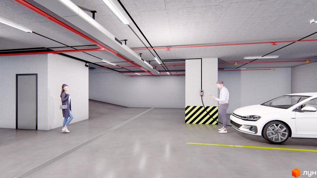 Підземний паркінг Житлового комплексу SVIY з лінійними світильниками, системою пожежогасіння та зарядкою для електромобілів.