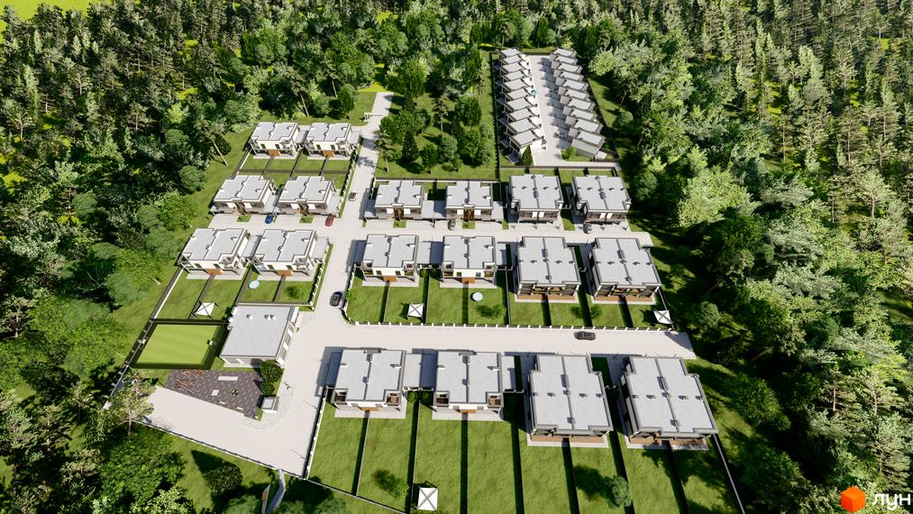 Зображення котеджів з сірими дахами та великими вікнами в Котеджному містечку Stone Village. Навколо будинків зелені газони та дерева.