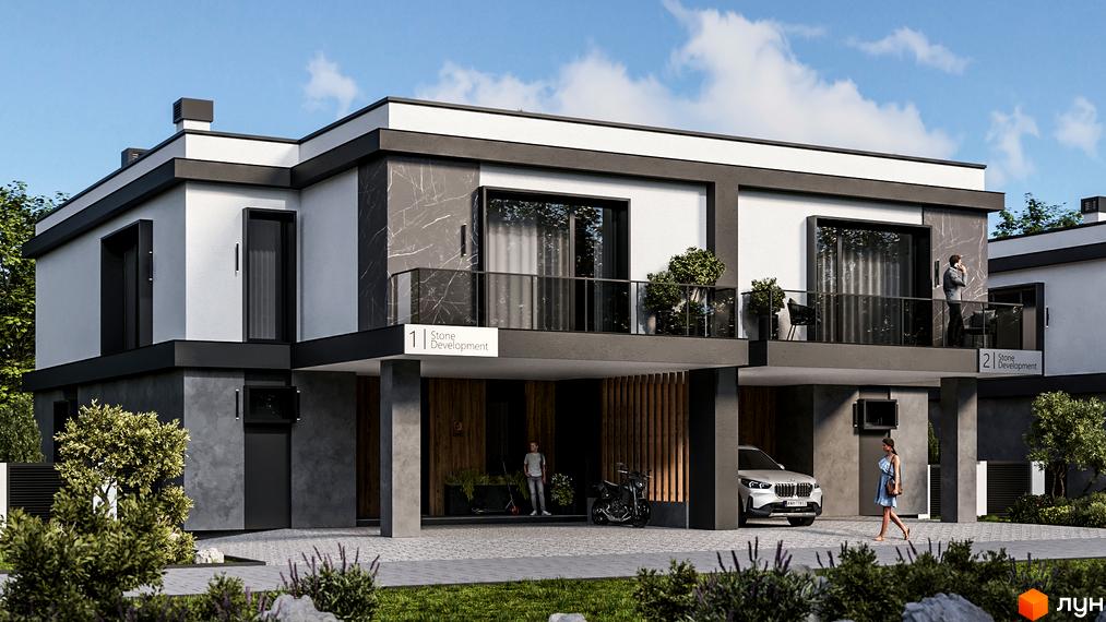 Котеджне містечко Stone Village: фасади будинків з панорамними вікнами та балконами, прибудинкова територія з автомобілем та зеленими насадженнями.