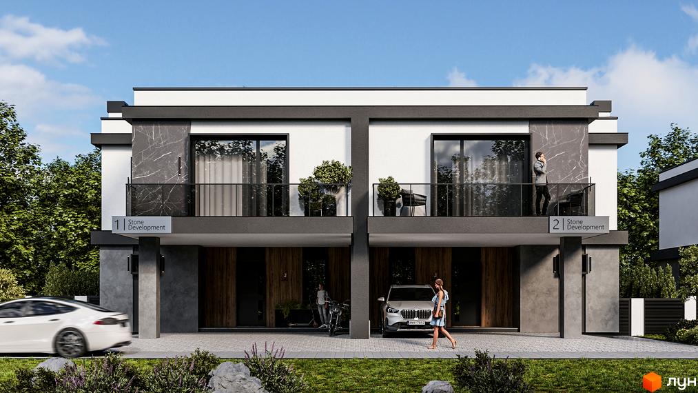 Зображення фасаду Котеджного містечка Stone Village з балконами та припаркованими автомобілями. Навколо будинку зелена трава та кущі.