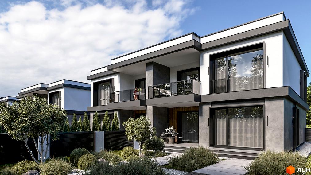 Котеджне містечко Stone Village: фасади будинків з великими вікнами та балконами, доглянута прибудинкова територія з деревами та кущами.