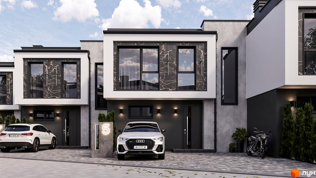 Зображення фасаду та подвір'я Котеджного містечка Stone Village. Двоповерхові будинки з оздобленням під камінь, припарковані авто та мотоцикл.