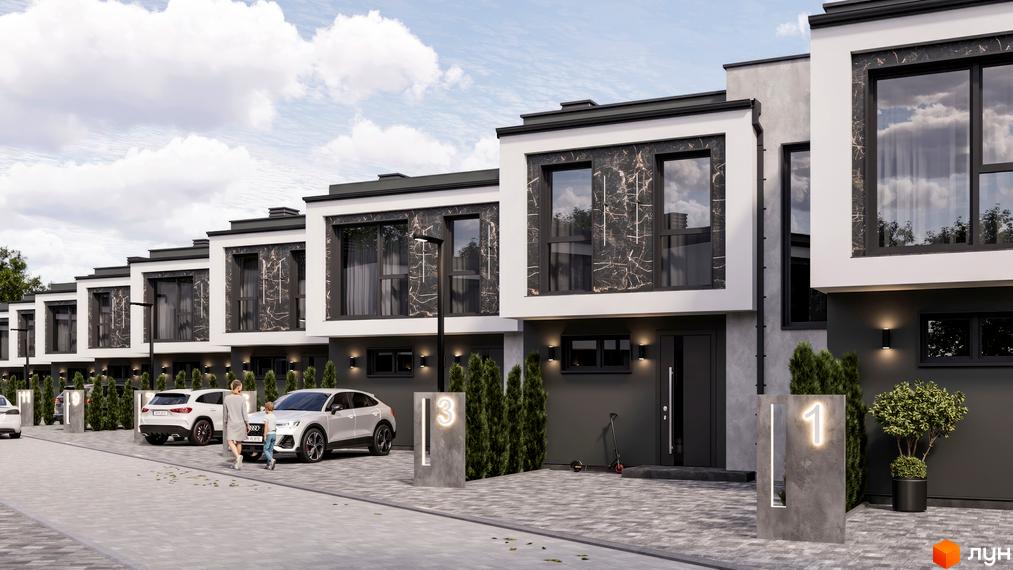 Котеджне містечко КМ Stone Village: фасади будинків з мармуровими вставками та великими вікнами, прибудинкова територія з паркуванням та зеленими насадженнями.