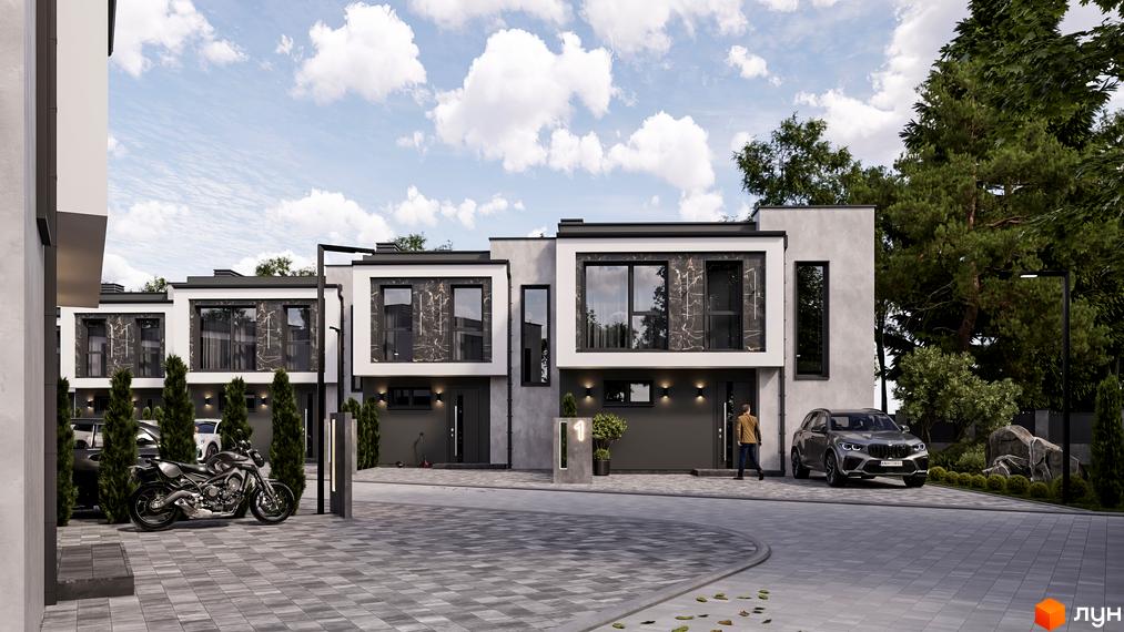 Котеджне містечко КМ Stone Village. Сучасні двоповерхові будинки з великими вікнами та сірими фасадами, прибудинкова територія з бруківкою, деревами та автомобілями.