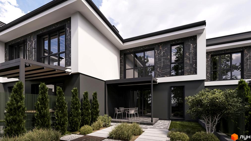 Котеджне містечко КМ Stone Village. Фасад будинку з великими вікнами та мармуровим оздобленням, прибудинкова територія з зеленими насадженнями та зоною відпочинку.