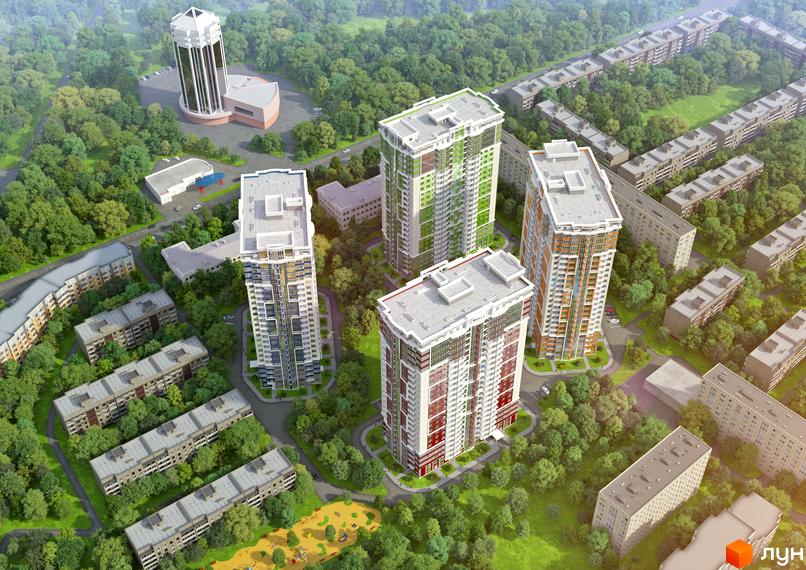 Житловий комплекс Чотири сезони: висотні будинки з яскравими фасадами. Прибудинкова територія оточена зеленню та містить дитячий майданчик.