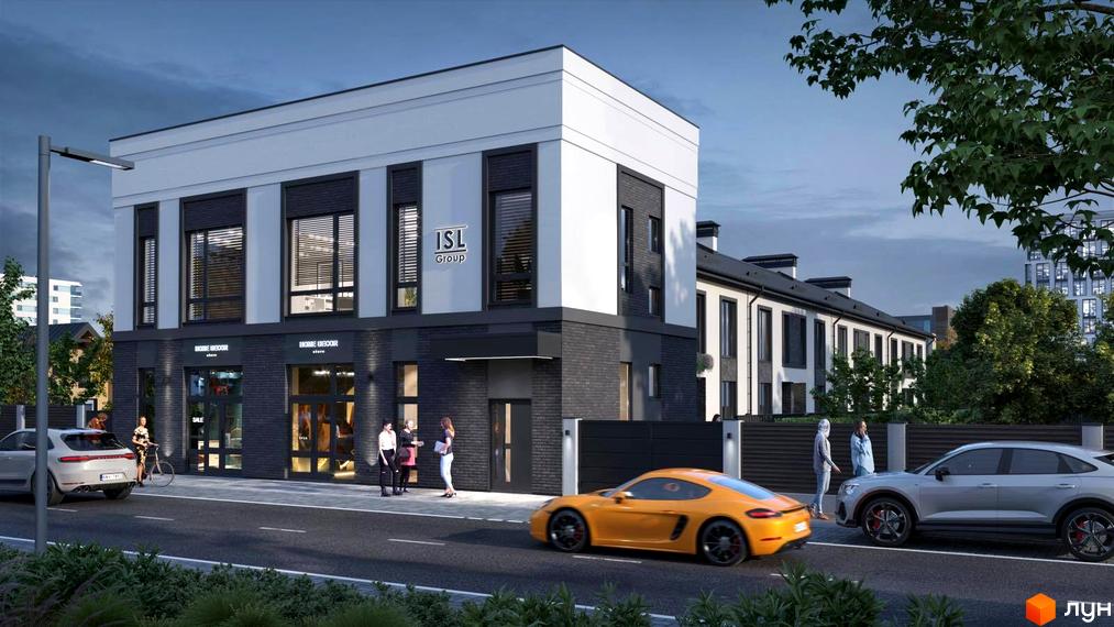 Таунхауси А56: фасади будинків з великими вікнами та темною цегляною кладкою, прибудинкова територія з автомобілями та деревами.