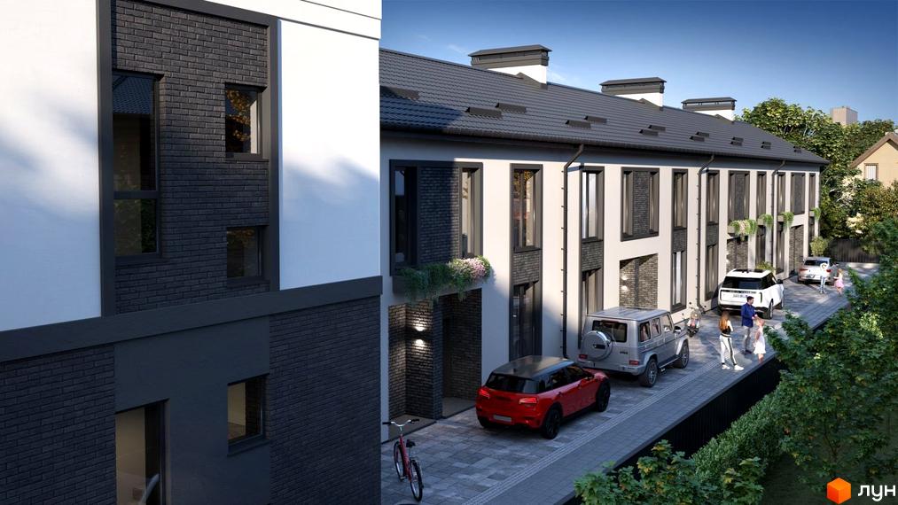 Таунхауси А56 - двоповерхові будинки з цегляним фасадом та парковкою біля входу. На території комплексу є зелені насадження та дитячий майданчик.