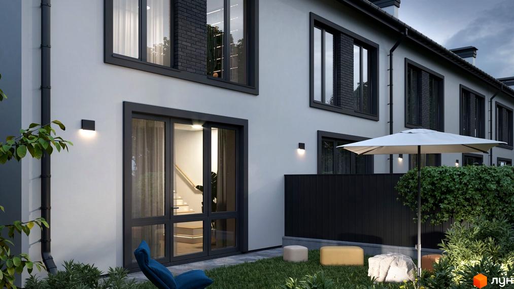 Таунхауси А56: фасади будинків з великими вікнами та прибудинкова територія з парасолькою та зеленню. Зовнішній вигляд житлового комплексу.