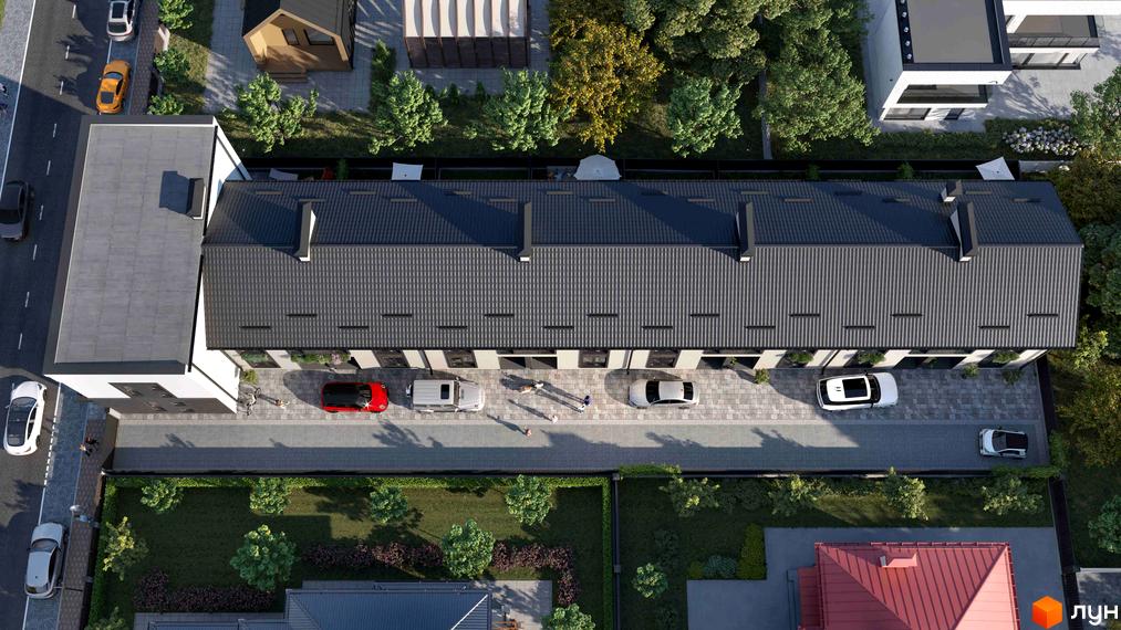 Таунхауси А56 з сірими дахами та білими фасадами, розташовані біля доглянутої прибудинкової території з зеленими насадженнями та місцями для паркування.