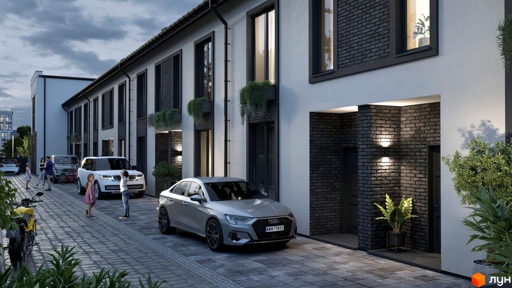 Таунхауси А56: сучасна фасадна частина з цегляними вставками та прибудинкова територія з автомобілями та людьми.