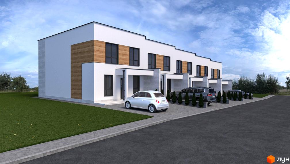 Зовнішній вигляд таунхаусів PARTNER з білою штукатуркою та дерев'яними елементами, перед будинками розташовані автомобілі та зелений газон.