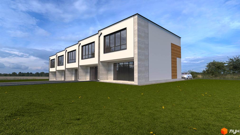 Таунхауси PARTNER: сучасні двоповерхові будинки з великими вікнами та сірим оздобленням фасаду, розташовані на зеленій галявині.